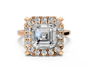 Single Halo Engagement Ring Setting for Asscher Cut Center with Corner Claws, Plain Band and Prong Head in Rose Gold