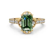 Floral Engagement Ring Setting for Fancy Green Emerald Cut Center with Pave Band and Floral Prong Head in Yellow Gold