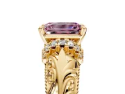 Solitaire Engagement Ring Setting for Fancy Pink Emerald Cut Center with Filigree Accent Basket and Prong Head in Yellow Gold