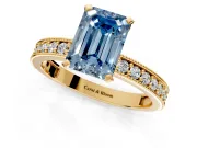 Milgrain Pave Engagement Ring Setting for Fancy Blue Emerald Cut Center with Accent Band and Prong Head in Yellow Gold