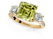 3 Stone Engagement Ring Setting for Fancy Yellow Asscher Cut Center with Crossover Basket, Pave Band and Prong Head in Yellow Gold