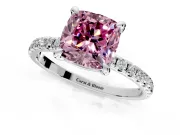 Solitaire Engagement Ring Setting for Fancy Pink Cushion Cut Center with Fine Pave Narrow Band and Prong Head in White Gold