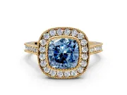 Halo Engagement Ring Setting for Fancy Blue Cushion Cut Center with Milgrain Frame, Pave Band and Prong Head in Yellow Gold