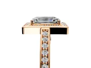 Halo Engagement Ring Setting for Emerald Cut Center with Framed Halo, Pave Band and Prong Head in Rose Gold