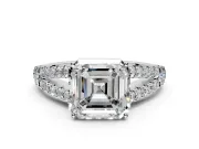 Solitaire Engagement Ring Setting for Asscher Cut Center with Pave Split Shank and Prong Head in Sterling Silver