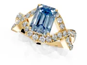 Halo Engagement Ring Setting for Fancy Blue Emerald Cut Center with Pave Infinity Twist Band and Prong Head in Yellow Gold