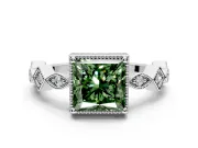Milgrain Bezel Engagement Ring Setting for Fancy Green Princess Cut Center with Marquise Stations and Bezel Head in Sterling Silver