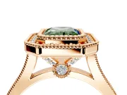Halo Engagement Ring Setting for Fancy Green Radiant Cut Center with Milgrain Frame, Pave Band and Prong Head in Rose Gold