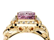 Halo Engagement Ring Setting for Fancy Pink Princess Cut Center with Open Scroll Shoulders and Prong Head in Yellow Gold