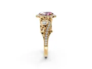 Milgrain Halo Engagement Ring Setting for Fancy Pink Oval Center with Shoulder Bezels and Prong Head in Yellow Gold
