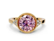 Cluster Engagement Ring Setting for Fancy Pink Round Cut Center with Milgrain Shoulder Clusters and Prong Head in Yellow Gold