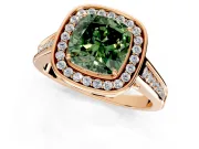 Halo Engagement Ring Setting for Fancy Green Cushion Cut Center with Outer Bezel Rim, Pave Band and Prong Head in Rose Gold