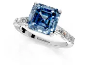 Baguette Engagement Ring Setting for Fancy Blue Asscher Cut Center with Alternating Bar-Set Band and Prong Head in Platinum