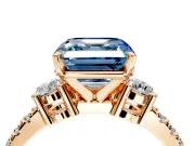 3 Stone Engagement Ring Setting for Fancy Blue Asscher Cut Center with Round Cut Side Accents and Prong Head in Rose Gold