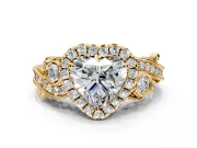 Milgrain Halo Engagement Ring Setting for Heart-Shaped Center with Shoulder Bezels and Prong Head in Yellow Gold