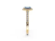 Halo Engagement Ring Setting for Fancy Blue Asscher Cut Center with Narrowing Pave Band and Prong Head in Yellow Gold
