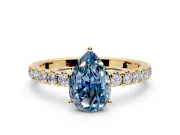 Solitaire Engagement Ring Setting for Fancy Blue Pear-Shaped Center with Large Accent Band and Prong Head in Yellow Gold