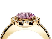 Pave Halo Engagement Ring Setting for Fancy Pink Round Cut Center with Single Row Pave Band and Prong Head in Yellow Gold