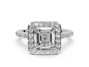 Halo Engagement Ring Setting for Asscher Cut Center with Pave Accents, Heart Basket and Prong Head in Platinum