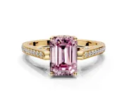 Cathedral Engagement Ring Setting for Fancy Pink Emerald Cut Center with Antique-Style Pave Band and Prong Head in Yellow Gold