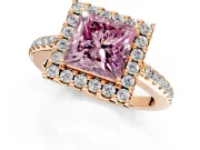 Pave Halo Engagement Ring Setting for Fancy Pink Princess Cut Center with Single Row Pave Band and Prong Head in Rose Gold