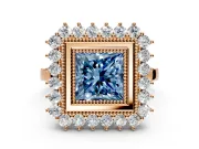 Halo Engagement Ring Setting for Fancy Blue Princess Cut Center with Milgrain Bezel Rim, Plain Band and Prong Head in Rose Gold