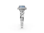 Halo Engagement Ring Setting for Fancy Blue Princess Cut Center with Open Scroll Shoulders and Prong Head in White Gold