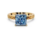 Solitaire Engagement Ring Setting for Fancy Blue Princess Cut Center with Scrollwork Band and Prong Head in Yellow Gold