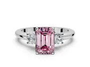 3 Stone Engagement Ring Setting for Fancy Pink Emerald Cut Center with Wide Plain Band and Prong Head in Platinum