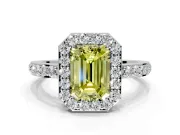 Halo Engagement Ring Setting for Fancy Yellow Emerald Cut Center with Heart-Shaped Openwork, Pave Band and Prong Head in Platinum
