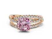 Solitaire Engagement Ring Setting for Fancy Pink Cushion Cut Center with Woven 3-Strand Pave Band and Prong Head in Rose Gold