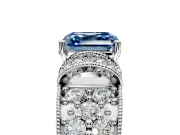Pave Engagement Ring Setting for Fancy Blue Asscher Cut Center with Curved Accent Rows, Openwork and Prong Head in Platinum