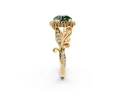 Halo Engagement Ring Setting for Fancy Green Round Cut Center with Leaf Motif Split Shank and Prong Head in Yellow Gold