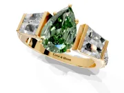 Channel-Set Engagement Ring Setting for Fancy Green Pear-Shaped Center with Baguette Band and Prong Head in Yellow Gold