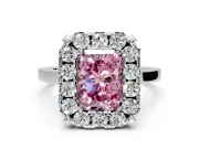 Single Halo Engagement Ring Setting for Fancy Pink Radiant Cut Center with Corner Claws, Plain Band and Prong Head in Platinum