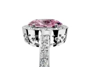 Halo Engagement Ring Setting for Fancy Pink Oval Center with Heart-Shaped Openwork, Pave Band and Prong Head in Platinum