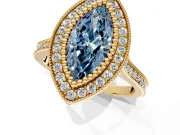 Halo Engagement Ring Setting for Fancy Blue Marquise Center with Milgrain Frame, Pave Band and Prong Head in Yellow Gold