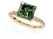 Solitaire Engagement Ring Setting for Fancy Green Princess Cut Center with Fine Pave Band and Prong Head in Yellow Gold