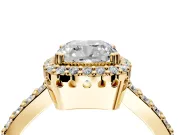 Halo Engagement Ring Setting for Cushion Cut Center with Inner Milgrain Border and Prong Head in Yellow Gold