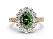 Halo Engagement Ring Setting for Fancy Green Oval Center with Milgrain Channel Band and Prong Head in Rose Gold