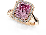 Halo Engagement Ring Setting for Fancy Pink Radiant Cut Center with Twist Band and Prong Head in Rose Gold