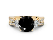 3 Stone Engagement Ring Setting for Fancy Black Round Cut Center with Pave Split Shank and Prong Head in Yellow Gold