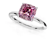 Hidden Halo Engagement Ring Setting for Fancy Pink Cushion Cut Center with Thin Rounded Band and Prong Head in Platinum