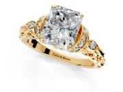 Solitaire Engagement Ring Setting for Radiant Cut Center with Filigree Band and Prong Head in Yellow Gold