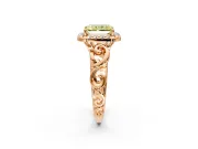 Halo Engagement Ring Setting for Fancy Yellow Radiant Cut Center with Open Scroll Shoulders and Prong Head in Rose Gold