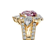 Halo Engagement Ring Setting for Fancy Pink Heart-Shaped Center with Two-Strand Split Shank and Prong Head in Yellow Gold