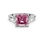 3 Stone Engagement Ring Setting for Fancy Pink Asscher Cut Center with Wide Plain Band and Prong Head in Platinum