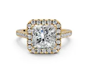 Halo Engagement Ring Setting for Princess Cut Center with Narrowing Pave Band and Prong Head in Yellow Gold