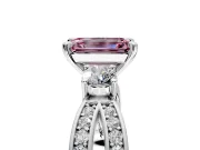 3 Stone Engagement Ring Setting for Fancy Pink Emerald Cut Center with Pave Twist Band and Prong Head in Platinum