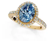 Halo Engagement Ring Setting for Fancy Blue Oval Center with Inner Milgrain Border and Prong Head in Yellow Gold